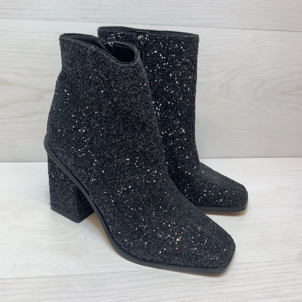 Jessica Simpson Mirayle Ankle Boots‎ Women's Size 7 Black Glitter Block Heel